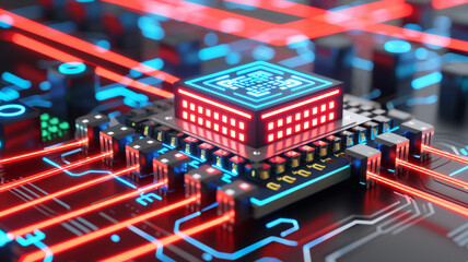 A computer chip is lit up in red and blue
