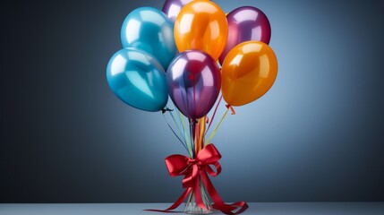 A collection of vibrant balloons tied together by a striking red ribbon, gracefully floating in the air