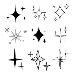 Star formation, four-pointed diamond-shaped elements. Set of hand-drawn black stars on a light background. Vintage vector elements.