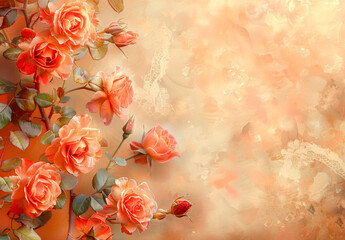 Elegant Vintage Floral Art with Orange Roses.