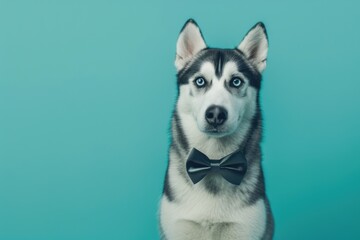 Glamorous Siberian Husky wearing a shiny bow tie, isolated on a vivid turquoise background,...