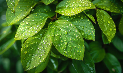 Rain-kissed leaves shine, jewels adorn the garden