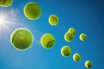 Illustrative photo of multiple tennis balls in sequence showing the acceleration and trajectory on a bright, sunny day,