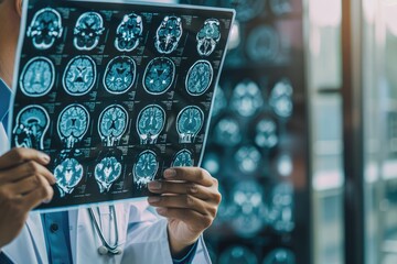 A stock image of a doctor in a white coat holding an Xray of a human brain, examining it carefully in a welllit office,