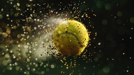 A tennis ball captured at a pivotal moment of rebound off the racquet strings, illustrating speed and force in sport,