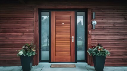Obraz premium Brown automatic wooden entry door.