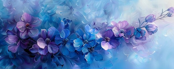 abstract art with frozen purple and blue larkspur delphinium flowers in ice