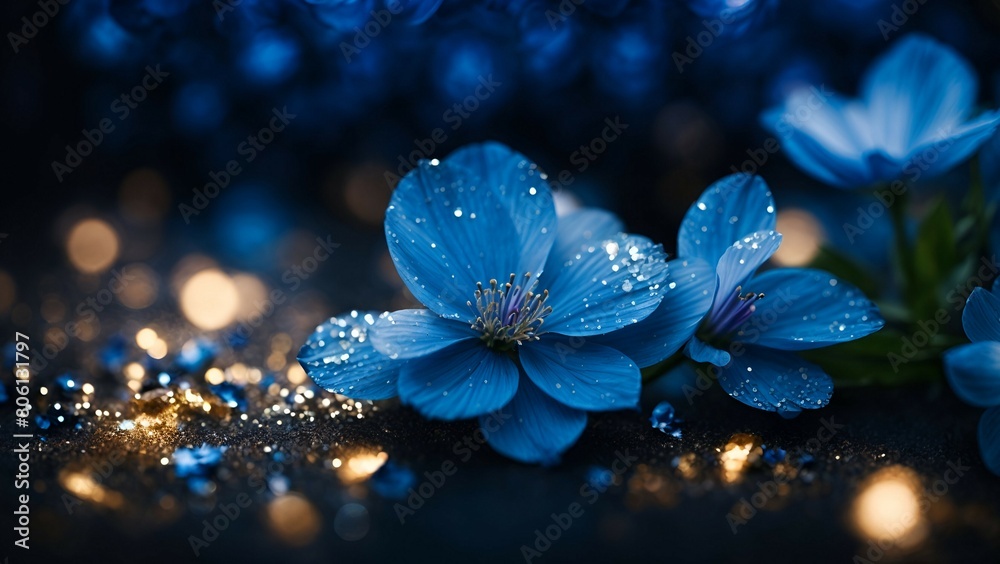 Sticker Blue flowers on a dark background with bokeh effect. Copy space.