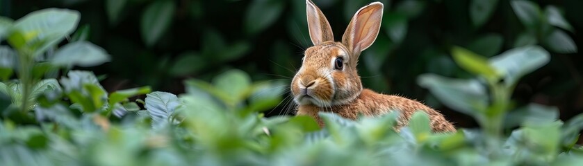 Fototapeta premium A rabbit performing an overthetop series of binkies in a lush, green summer garden