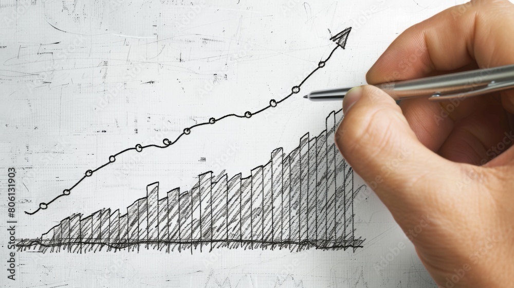 Wall mural A hand drawing a line graph depicting stock price movements on a whiteboard, illustrating market analysis and forecasting.