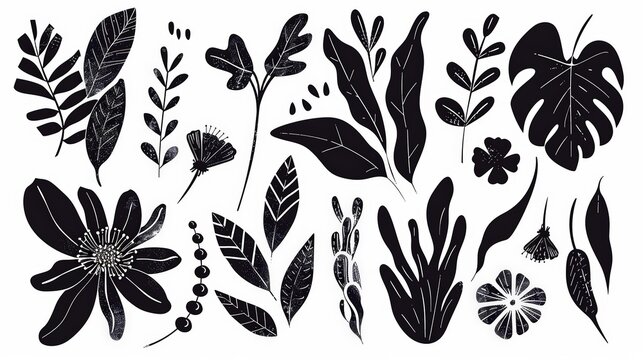 Fototapeta abstract flowers and leaves set . botanical linocut plant and organic elements. Ai generative