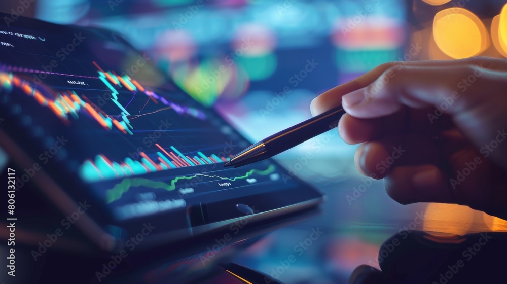 Poster a hand holding a pen pointing at a stock performance chart on a tablet, discussing investment opport