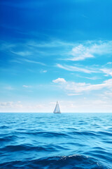 Obraz premium Boundless Blue: Yacht Sails Towards the Horizon on a Spacious Sea. Azure Dreamscape: Rich Blue Sea Meets Lighter Sky for a Serene Escape. generative AI