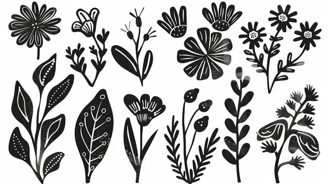 Fototapeta abstract flowers and leaves set . botanical linocut plant and organic elements. Ai generative