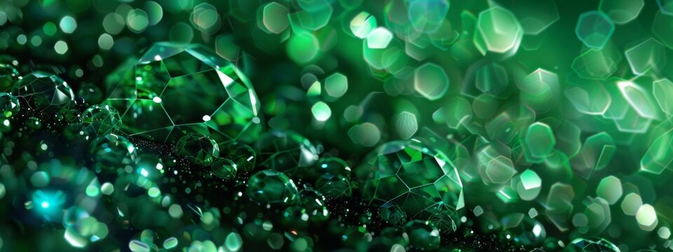 iridescent green crystal shards floating in space, black background, green glow and sparkles.