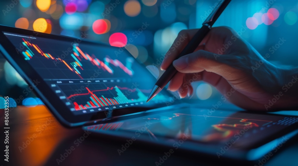 Aufkleber A hand holding a pen pointing at a stock performance chart on a tablet, discussing investment opportunities with colleagues.