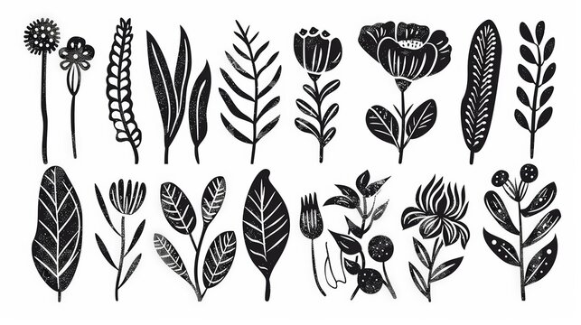 Fototapeta abstract flowers and leaves set . botanical linocut plant and organic elements. Ai generative