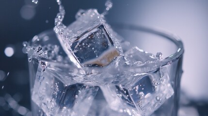 water cubes in white background with abstract water splashing backgorund 