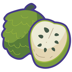 Sugar apple or sweetsop vector illustration, whole and half sliced fruit, custard apple or buah srikaya patek, soursop flat icon