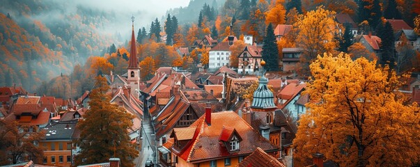 Obraz premium Aerial view of Brasov, Romania with vibrant autumn foliage and traditional architecture, Brasov, Romania.