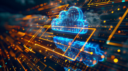 Cool neon toned image representing cloud computing, data flow