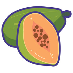Papaya or pepaya fruit vector illustration, lapaya or pawpaw tropical fruits, kapaya flat icon image, carica papaya clip art