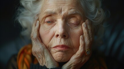 elegant elderly woman enjoying a moment of relaxation, her eyes shut in calm repose, with hands softly placed on her cheeks.