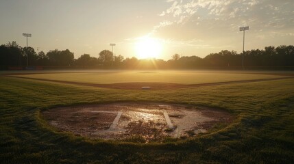 Expansive vista of a sprawling baseball diamond, bathed in the soft light of dawn