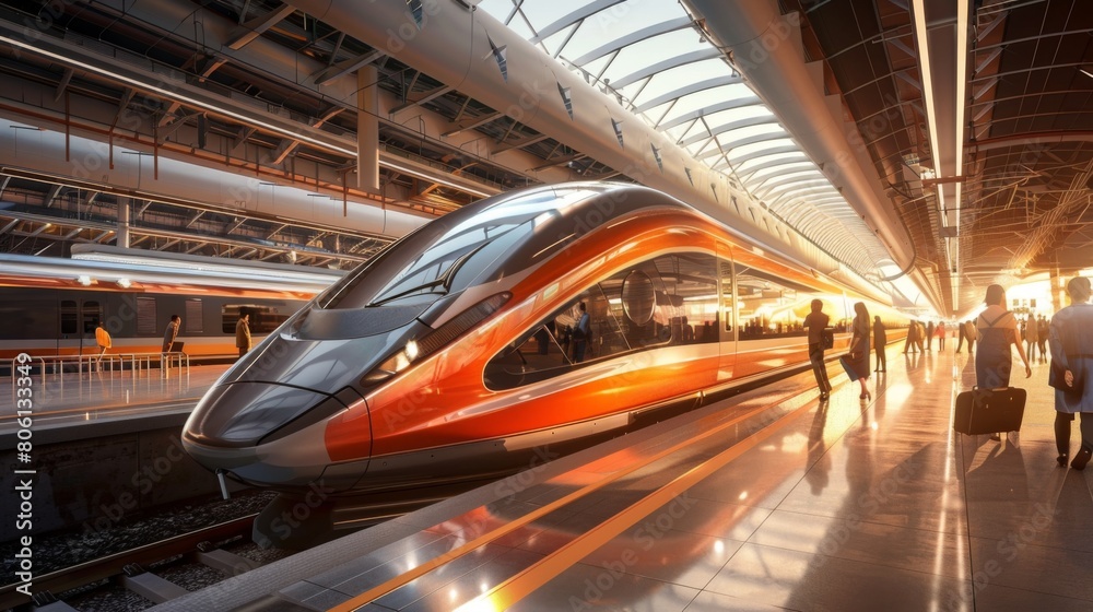 Poster a high-speed railway station bustling with activity as passengers board sleek trains bound for dista