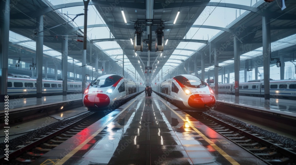 Poster a high-speed railway station bustling with activity as passengers board sleek trains bound for dista