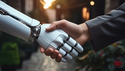 robot and man shake hands, friendship between man and robot