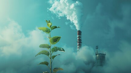 A resilient green plant thrives amid industrial chimney emissions. Reducing carbon through thought-provoking imagery.