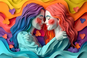 A paper art illustration of a lesbian couple embracing in a loving hug, adorned with rainbow colors and hearts, perfect for Pride Month.