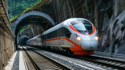 Fototapeta premium A high-speed train emerging from a tunnel with a burst of speed, symbolizing progress and connectivity in modern transportation.