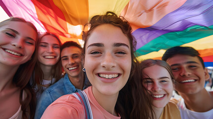 Fototapeta premium A cheerful group of young people taking a selfie under a rainbow flag at an LGBT Pride celebration.