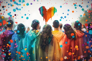 Fototapeta premium Group of people at a Pride event, expressing love and unity with a heart balloon against a shower of multicolored confetti.