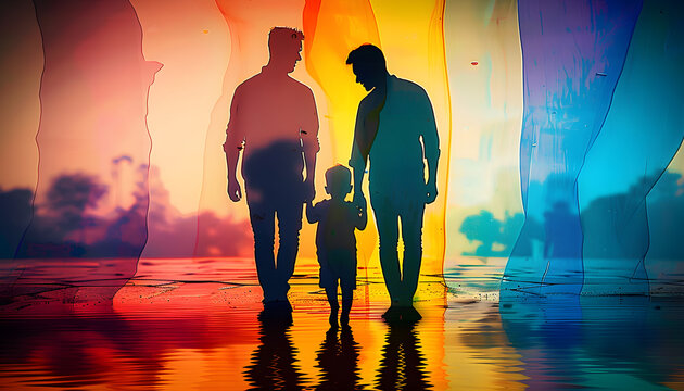 Silhouettes of a family with pride colors, representing LGBT parenting and diversity, suitable for events like Father's Day.
