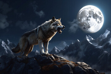 A wolf leader called his friends at night on a full moon in the hills