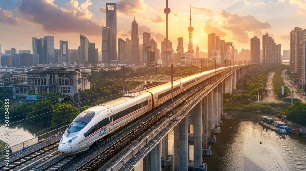 Poster a high-speed train gliding across a modern bridge, exemplifying the seamless integration of rail tra