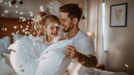 Father and daughter laughing during a pillow fight in a sunny bedroom.