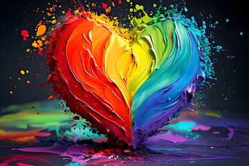 A vividly colored heart splashing with rainbow hues symbolizing LGBT pride and love.