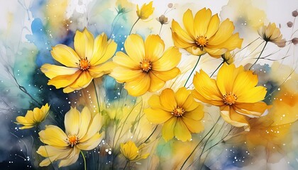 Yellow cosmos flowers image mix with painted watercolor on paper