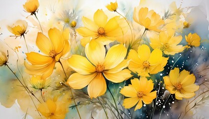 Yellow cosmos flowers image mix with painted watercolor on paper