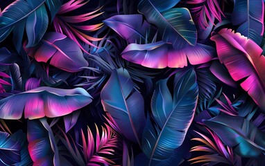 Tropical exotic seamless pattern with neon bright color banana leaves, palms on night dark background. Textured vintage 3D illustration.