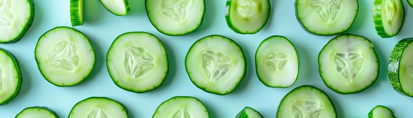 Cucumber slices cascading in slow motion against a soft teal background, refreshing and clear