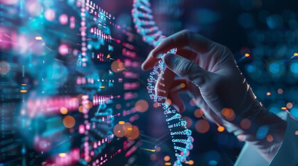 Genetic engineering display showing DNA strands aligning and editing in slow motion, with a softfocus genetic lab environment