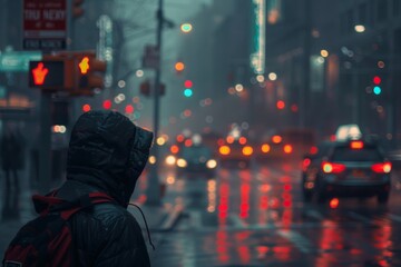 A person is walking down a street in the rain with a backpack on