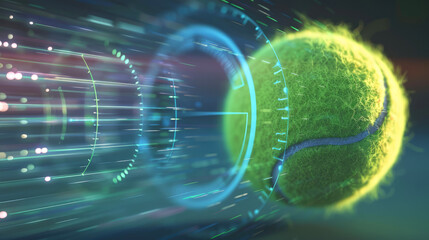 Conceptual image of a tennis ball in flight with a speedometer graphic overlay, quantifying the speed in a visual format,