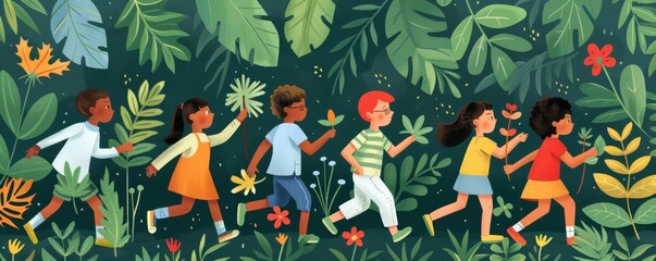 Illustrated scene of kids racing to collect different types of leaves and flowers for a natural art project, turning learning into a dynamic activity