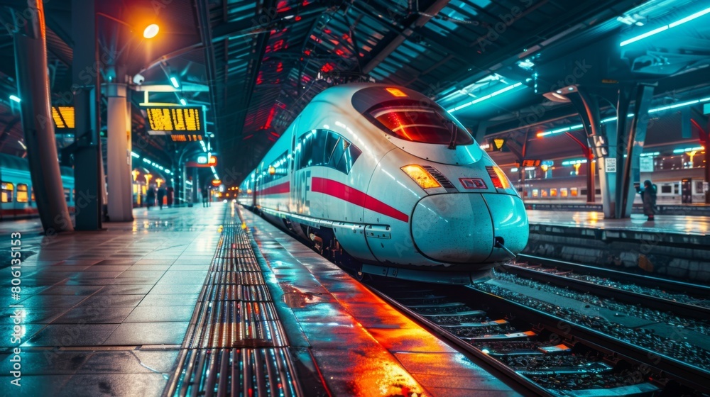 Poster a high-speed train platform at night, illuminated by the glow of overhead lights as passengers await